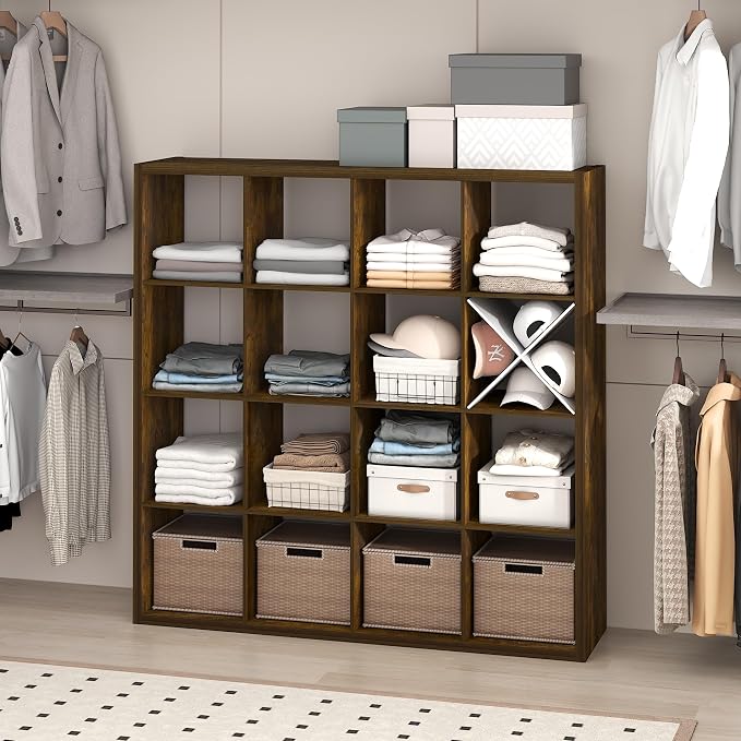 Furinno Cubic Extra Thick 16-Cube Closet Organizers and Storage, Amber Pine | 14.6 x 58 x 58 in, Open Shelf Closet Storage, Closet Organizer, for Wardrobe, Bedroom, Living Room