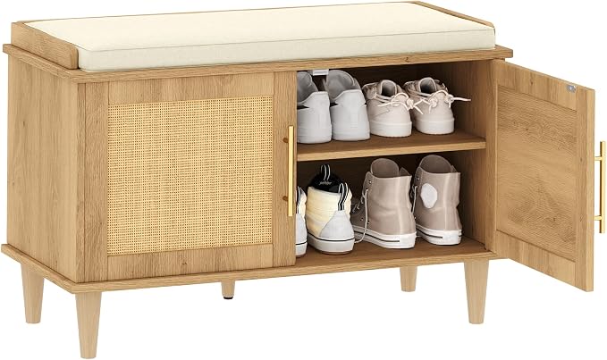 Akxomel 31.5" Rattan Shoe Storage Bench 2 Doors Wooden Entryway Bench Oak | 2 Tier Shoe Bench with Padded Cushion, Adjustable Shelves and 2 Doors, Solid Wood Legs, for Hallway, Living Room, Bedroom