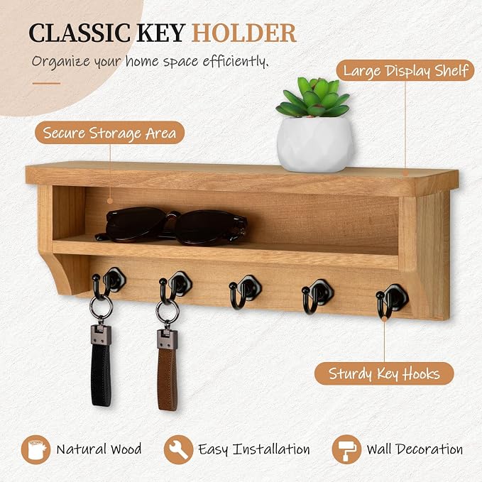 Nekon Key Holder Wall Mount, Wall Organizer Shelf with 5 Key Hooks, Room Decor for Home and Apartment Essentials, Wood