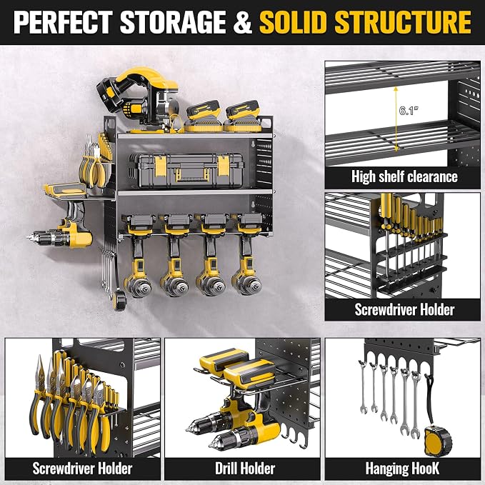 16.5" W Power Tool Organizer Wall Mount, 3-Layer,6 Drill Holders | Small Tool Storage Rack, Heavy Duty 150 lb Load Capacity for Garage Workshop, Black, Gift for Men