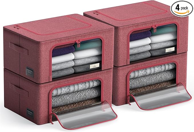Sorbus Storage Bins with Metal Frame - Stackable & Foldable Clothes Organizer Bags - Oxford Fabric Storage Containers with Large Clear Window & Carry Handles, Bedroom Organization for Bedding & Linen