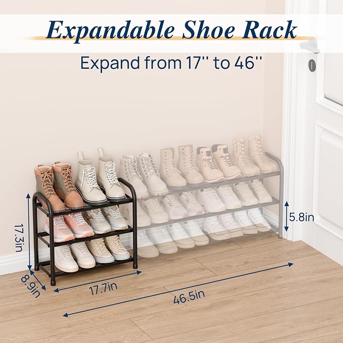 ENJOYBASICS 3 Tier Expandable Shoe Rack for Closet, Free Standing Metal Shoe Shelf Storage Organizer Holder 18 Pairs, Adjustable Width Shoe Rack for Entryway Small Space, Black