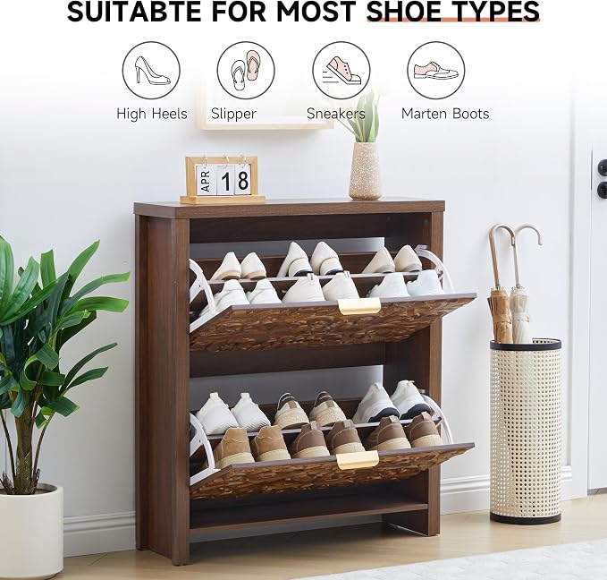 weselon Shoe Cabinet with Flip Drawers, Narrow Shoe Storage Cabinet, 2-Tier Hidden Shoe Organizer with Carved Floral for Entryway, Mid-Century Modern Slim Shoes Storage for Hallway Foyer (1, Walnut)