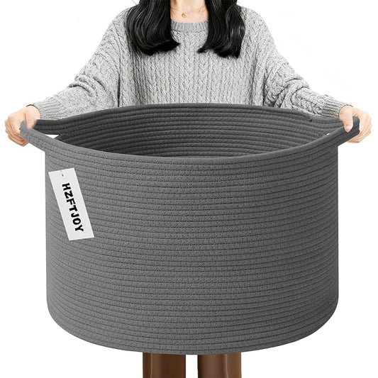 90L Extra Large Blanket Basket,Woven Rope Laundry Basket-Dark Grey | Collapsible, reinforced handles, nursery storage bin organizes clothes, toys and pillows for living room, bedroom bathroom.