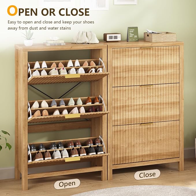 32" Fluted Shoe Cabinet Storage with 3 Flip Drawers for Entryway, Hallway | Hidden Shoe Rack Slim Freestanding Shoe Organizer with Legs for Hallway, Living Room, Oak
