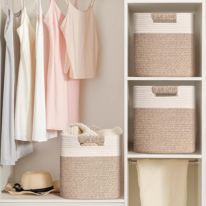 13 Inch Storage Cubes, 3 Pack Cube Storage Bins for Organizing, Cotton Rope Woven Baskets for Shelves, Bathroom, Kids Room, Closets, Baby Nursery