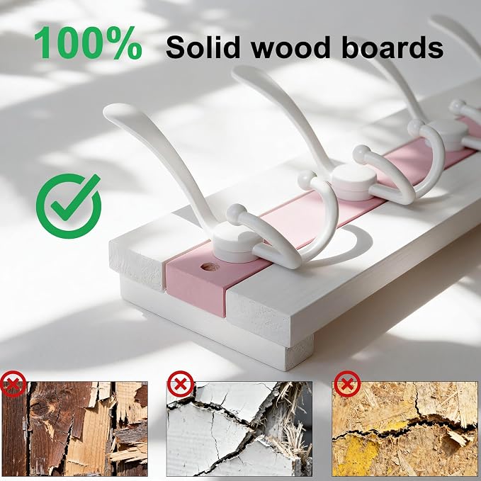 SKOLOO Coastal Wall Mounted Coat Rack - 38-1/8" Beach House Entryway Wooden Coat Hook with 10 Hooks for Hanging Coats, Hats or Towels, Oceanfront Cottage Core Collection, White & Palm Beach Pink