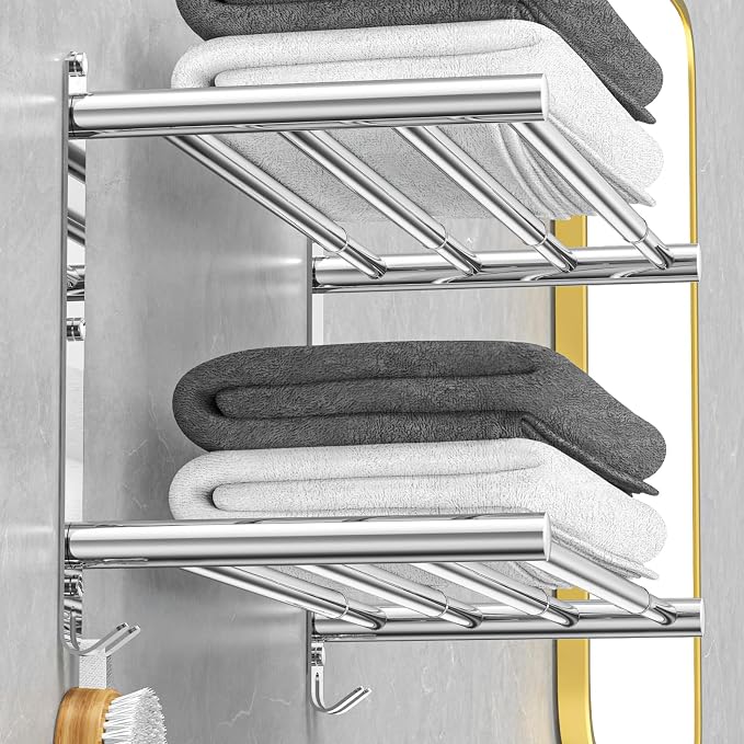 CAXIMSY Adjustable Towel Bar for Bathroom Wall Mount17-30.7inch Adhesive Shower Towel Rack Stainless Steel Bath Towel Holders for Toilet Kitchen Double Towel Hanger (Double Towel Rack)