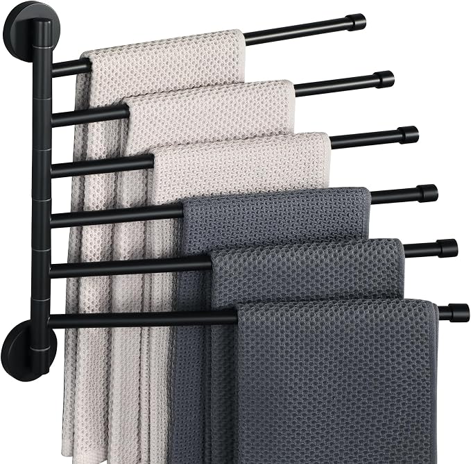 Alise Swivel Towel Rack 13.9", 6 Arm Swing Out Towel Bar, Matte Black | Space Saving Swing Arm Towel Rack for Bathroom Kitchen, 180° Rotating, SUS304 Stainless Steel