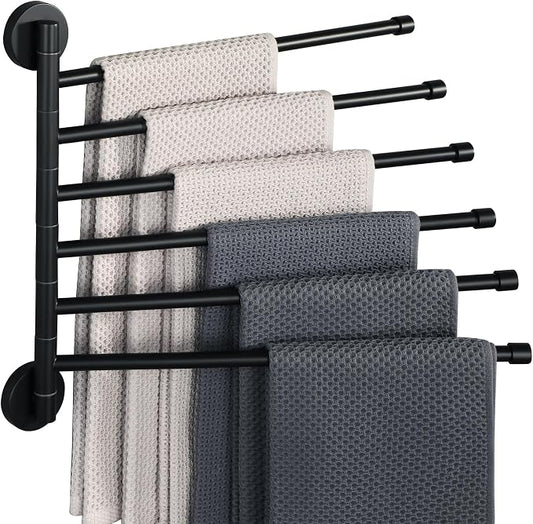 Alise Swivel Towel Rack 13.9", 6 Arm Swing Out Towel Bar, Matte Black | Space Saving Swing Arm Towel Rack for Bathroom Kitchen, 180° Rotating, SUS304 Stainless Steel