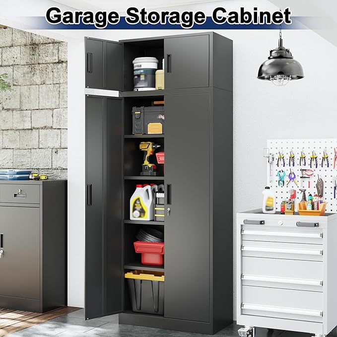 BESFUR Metal Storage Cabinet 87" H,Tall Locking Storage Cabinets with Top Cabinet and 4 Adjustable Shelves for Home Office, Garage,School, Apartment, Warehouse, Utility Room，Black