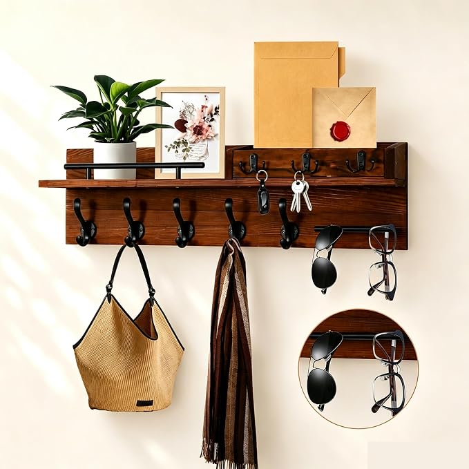 29" Wooden Wall Mounted Coat Rack with Shelf - 5-in-1 Entryway Organizer with 8 Hooks (5 Coat Hooks + 3 Key Hooks), Mail Holder & Display Shelf & glasses Hanger for Doorway, Bedroom, Garage Entrance