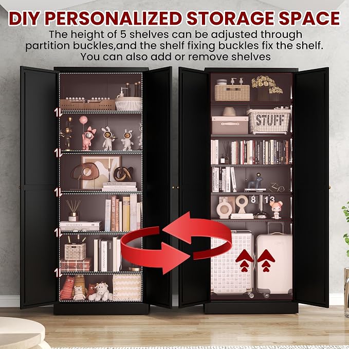 AQY Kitchen Pantry Cabinet,72" Black Pantry Storage Cabinet with 5 Tier Adjustable Shelves and 2 Doors,Freestanding Cupboard,Metal Pantry Cabinets with Handle for Living Room Kitchen Assembly Required