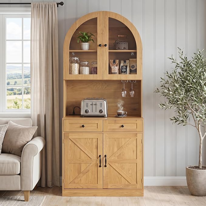 Merax 75" Tall Bookcase,Arched Pantry Cabinet with Adjustable Shelves | Farmhouse Bookshelf Coffee Bar with Charging Station Open Countertop for Office,Kitchen,Dining Room,Living Room,Oak
