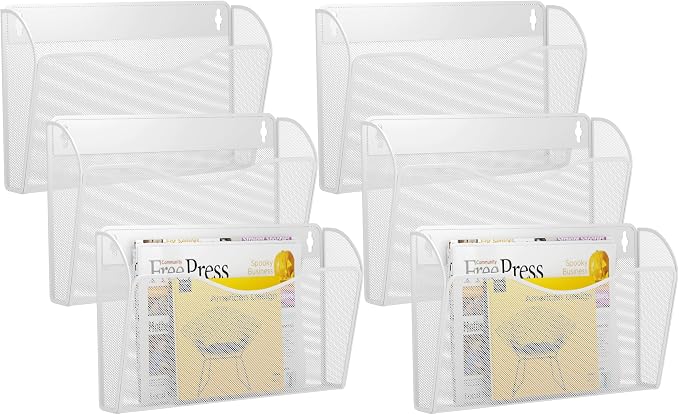 6 Single Pocket Wall File Holder, Mesh Hanging File Folder Paper Organizer, Vertical Wall Mounted Mail Basket, Storage Organization Magazine Rack for Office, Home and School, White