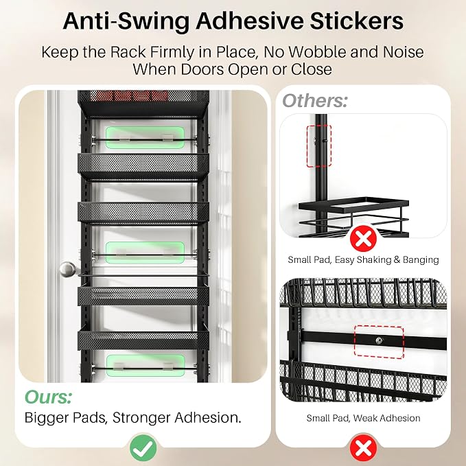 8 Tiers Over the Door Organizer - Height Adjustable Pantry Organizers and Storage with Dense Mesh Baskets, Anti-Swing Hanging Door Spice Rack for Kitchen Bathroom (Black, 12.3"W x 4.7"D x 69"H)