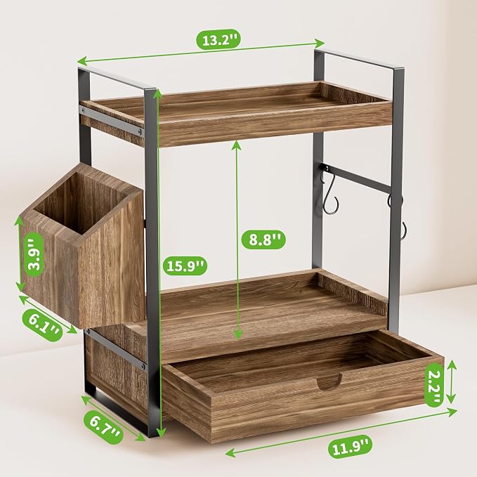 2-Tier Bathroom Counter Organizer, Wooden Vanity Shelf with Drawer & Basket | Pre-Drilled Holes, Skincare & Makeup Countertop Organizer and storage, Dark Brown