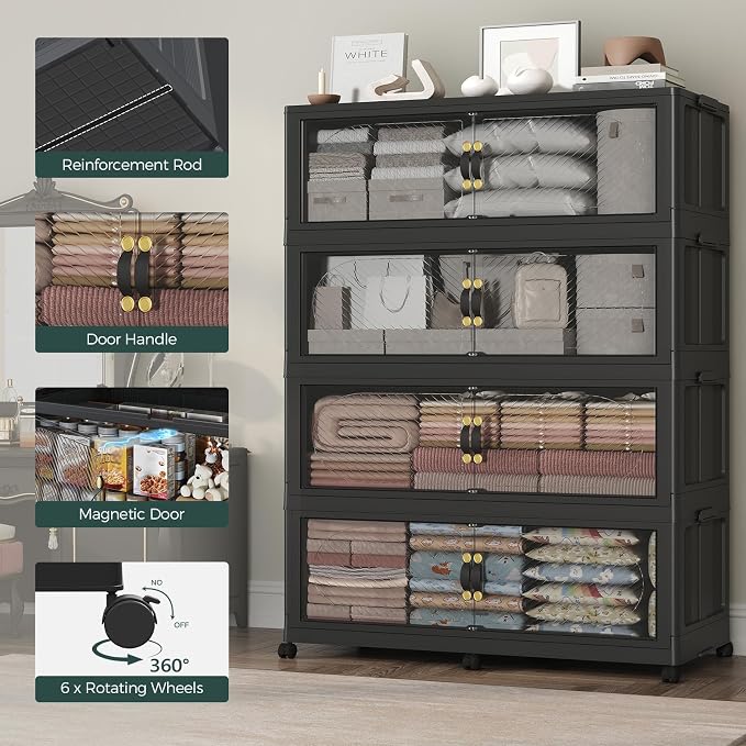 180GAL Plastic Storage Bins with Lid, 720QT Extra Large Stackable Closet Organizers and Storage, Collapsible Storage Boxes with Wheels, Folding Cabinet for Home Kitchen Office, 3Pack Black