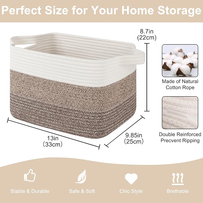 OIASKET Storage Baskets for Organizing, Woven Baskets for Shelves, Rectangle Decorative Organizer for Storage Clothes, Toy, Books, Towels Nursery Bins 3 Pack (Gradient Dark Brown, 13"x9.85"x8.7")