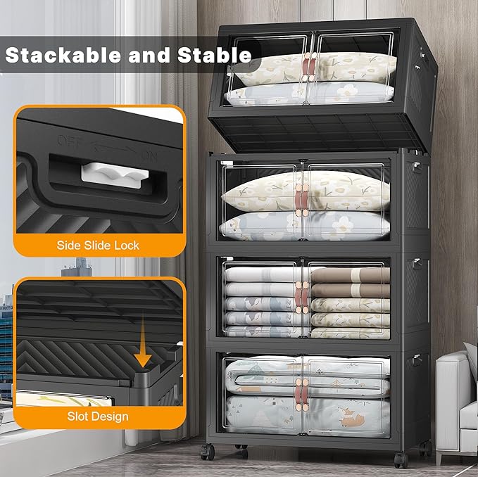 UAMFURI Stackable Storage Bins, 1440QT Collapsible Drawers with 2 Lids | Large Capacity, Magnetic Door, Stack Lock, Rolling Wheels, Foldable Design, Organizers and Storage for Bedroom Dorm Garage