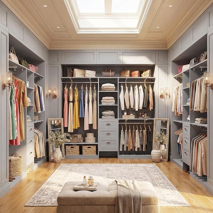 8FT Closet System with 3 Curved Drawers, 96'' Wooden Walk-in Closet Organizer with 3 Top Shelves, Adjustable Organizer System with 3 Hanging Rods, Built-in Wardrobe Storage Rack for 4-8 ft, Grey