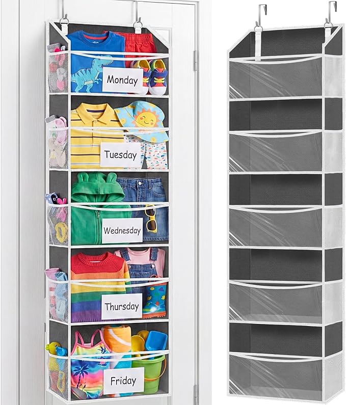 Ofiray-home 5Tiers Over Door Organizer, Weekly Clothes Organizer for Kids | 5 clear PVC front pockets, 10 mesh side pockets, weekly outfit planner, for kids, dorm, entryway, RV, 50 lbs capacity