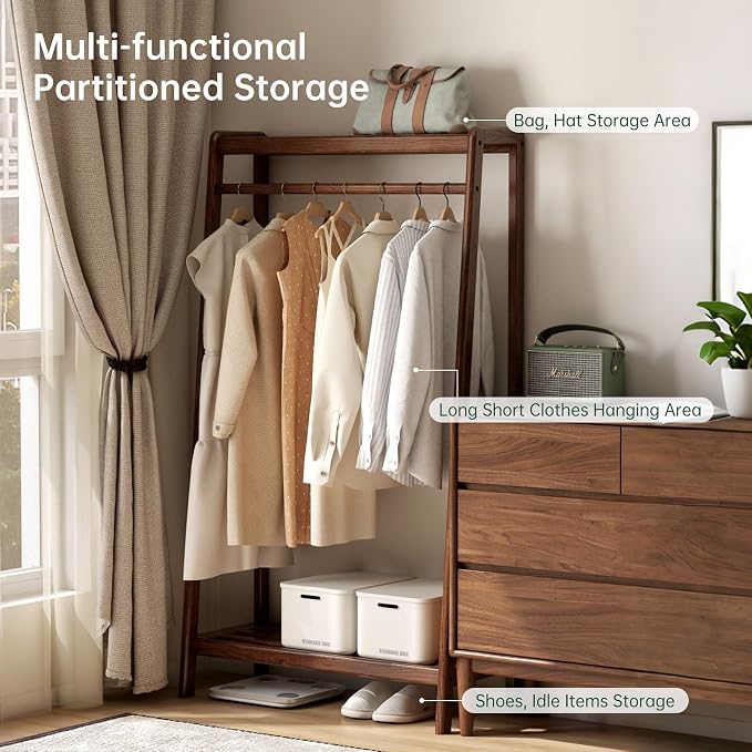 Solid Wood Clothes Rack, Clothing Rack with 2 Shelves Storage, Floor-Standing Coat Rack for Bedroom, Living Room, Entryway,Walnut