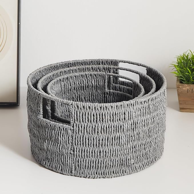 Wicker Storage Basket, Hand-Woven Paper Rope Large Round Woven Basket With Handles, Wicker Baskets for Organizing/Storage, Grey, 3-Pack