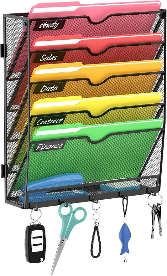 6-Tier Wall File Organizer with Hook, Hanging File Organizer Black | Wall-mounted mail storage holds papers, folders, files, clipboards and magazines, assembly required for office or home use.