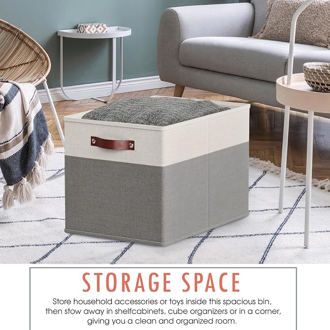 Ornavo Home 13x15x13 Foldable Fabric Storage Cube Bins, 6 Pack, White/Gray | Collapsible Linen Shelf Basket Organizer; Leather Handles; Fits Cube Storage Shelving Units