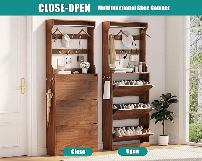Shoe Cabinet for Entryway with 3 Flip Drawers, Walnut Tall Wood Shoe Storage Cabinet with Coat Rack, Narrow Hidden Slim Freestanding Shoe Rack Organizer, 2 in 1 Hall Tree for Living Room, Hallway