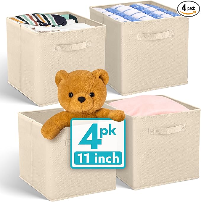 Reli. 11 Inch Cube Storage Bins (4 Pack) | Cube Organizer Bins | Collapsible, Foldable Fabric Cubby Box (Square) | 11x11 Fabric Storage Boxes | Kids Room Organization (Beige)