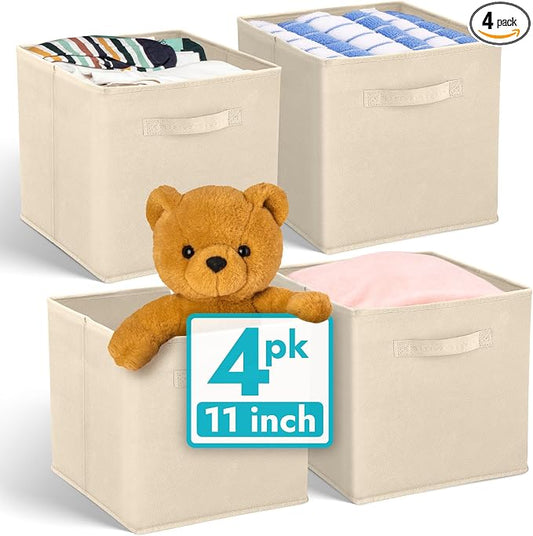 Reli. 11 Inch Cube Storage Bins (4 Pack) | Cube Organizer Bins | Collapsible, Foldable Fabric Cubby Box (Square) | 11x11 Fabric Storage Boxes | Kids Room Organization (Beige)