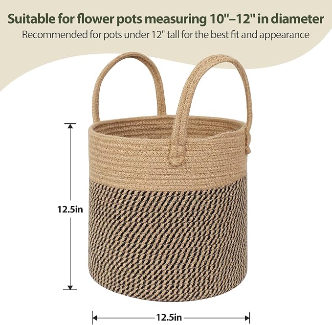 Round Wicker Basket with Handle, 12.5" Woven Jute Plant Basket for 11" Pot, Indoor Boho Artificial Tree Planter, Decorative Flower Pot Cover, Rustic Holder for Plants, Shoe Towel Bin, Black Stripes