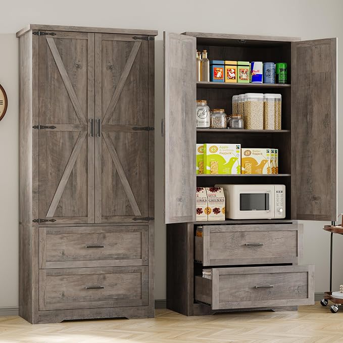 BORNOON Pantry Organizers and Storage Cabinet, 71” Barn Door White Kitchen Cabinet with Drawers and Adjustable Shelf, Tall Pantry for Kitchen, Dining Room, Living Room. Bathroom and Office
