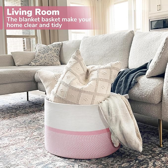 CHICVITA XXL Cotton Rope Woven Blanket Basket with Handles, Pink | Extra large storage basket doubles as clothes and laundry hamper. Decorative, 22x22x14 inches