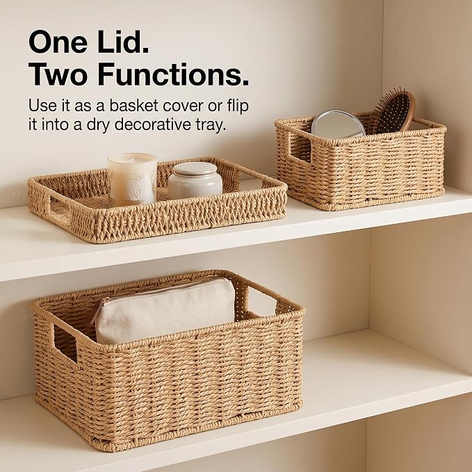 Wicker Storage Basket with Lid for Shelves, Set of 2, Natural | One rectangular wicker basket with lid and one open basket for decorative shelf storage; removable lid flips into a tray.