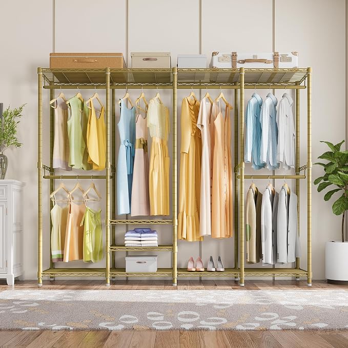 VIPEK V40 Heavy Duty Clothes Rack, Modular Closet System Clothing Rack | 76 inch Adjustable Open Clothing Storage System with 6 Shelves & 4 Hang Rods for Bedroom/Reach-in Closet, Gold