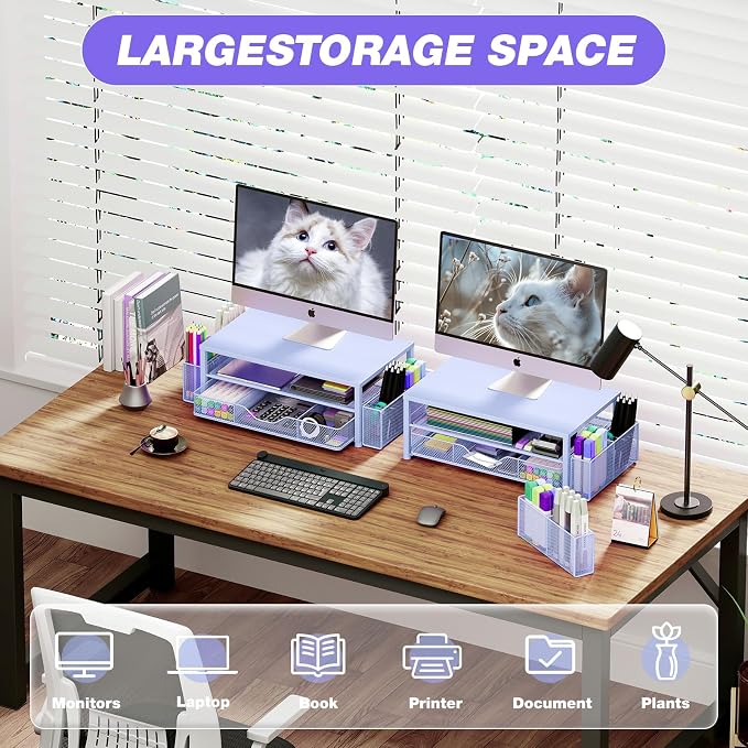OPNICE Desk Organizers and Accessories, Computer Monitor Stand Riser with Drawer and 2 Pen Holders, Printer & Laptop Stand, Office Desk Accessories & Workspace Organizers for Home Office Supplies, Blue