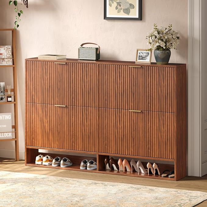 Hootata 47.2''W Walnut Shoe Storage Cabinet for Entryway with 4 Flip Drawers, Fluted Slim Shoe Cabinet, Free Standing Wooden Shoes Organizer for Foyer, Hallway
