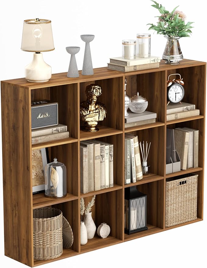 VDNEND Wooden Storage Organizer with Closed Back Panel, 11in Cube Shelf Opening, Bookshelf, Display Shelf,Closet Cabinet for Home and Office (Brown, 12-Cube 35.98L*9.45W*47.72H)