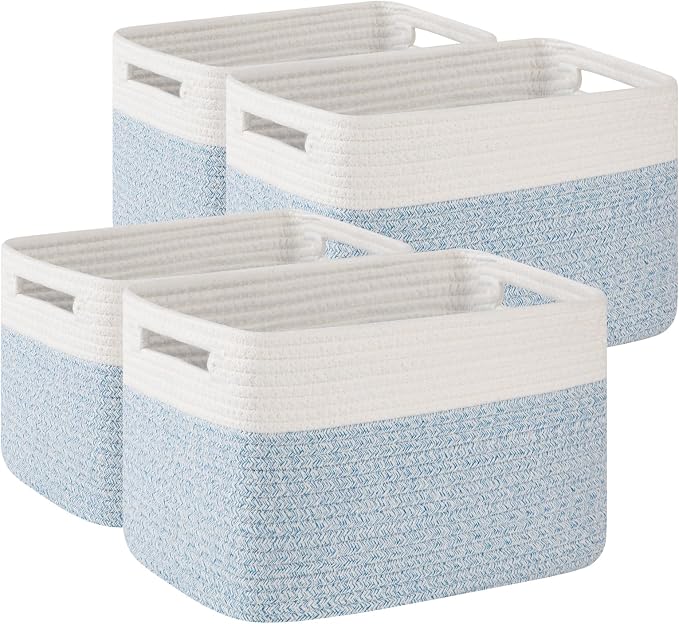 OIAHOMY 4 Pack Storage Basket, 13"x9"x7.8" Cotton Rope Baskets for Shelves, Closet Organizer for Bedroom & Living Room, Soft Decorative Bins for Organizing Towels, Books & Toys, Light Blue & White