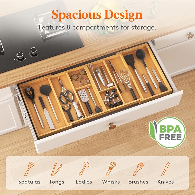 Lifewit Expandable Utensil Organizer for Kitchen Drawer, Cutlery Holder | Adjustable Cooking Silverware Tray, Bamboo Flatware Spatula Tools Gadgets Storage Divider, 21-36 x 16", Natural