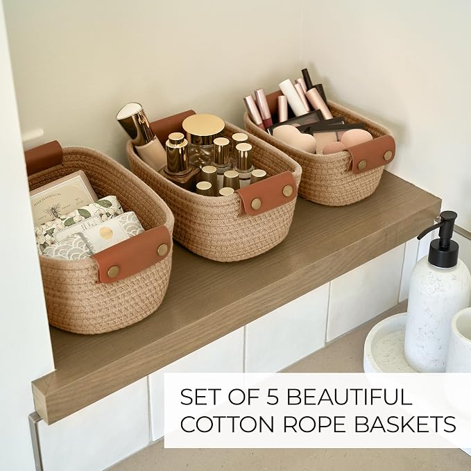 Beautiful Storage Basket Set of 5 - Sturdy Jute Rope Baskets for Shelves Are Perfect for Organizing Your Home - Quality Storage Bins Easily Fit With Any Nursery or Bedroom Decor
