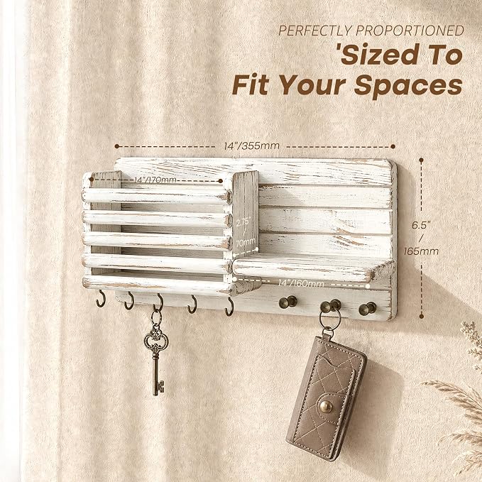 Rebee Vision Key Holder Wall Mount with Mail Slot for Home Decor, Whitewash | Pine Wood, Key Holder for Wall, Mail Organizer, 8 Key Hooks, Hat Storage, key Hanger, Letter Storage, Room Rustic Aesthetic