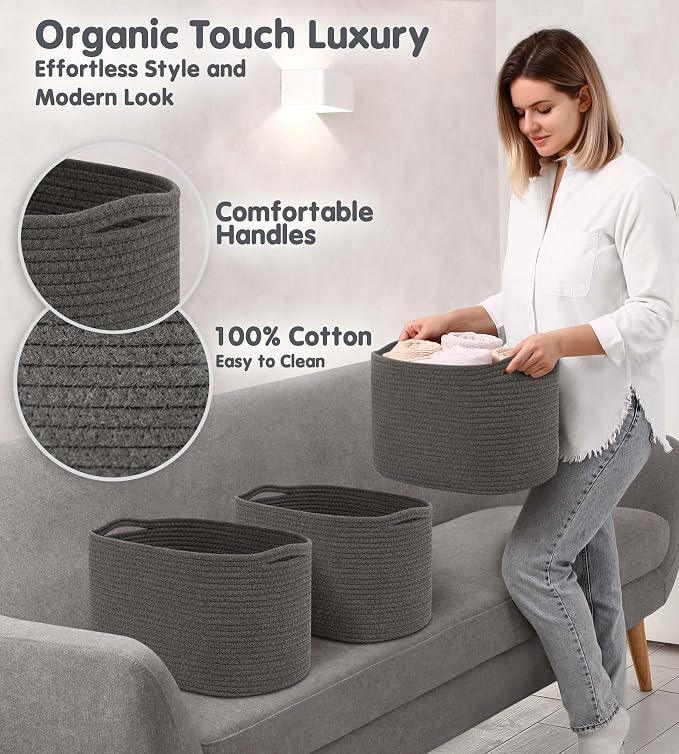 CHAT BLANC Cotton Rope Baskets for Organizing, Shelves, Toys, Storage, Shoe, Bathroom, Laundry, Towel, Nursery, Home Decor, Blanket, Cloth Woven Bins Fabric (Graphite, 15"x10"x9")