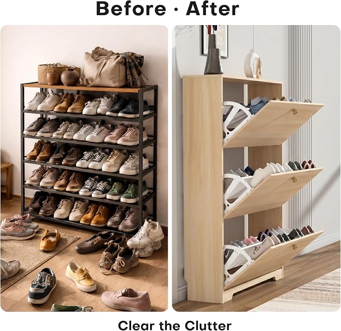 Nicetree Shoe Cabinet with 3 Flip Drawers, Entryway Storage, Natural Oak | Narrow Shoe Organizer, Freestanding Shoe Rack Cabinet, Modern Shoe Storage Cabinet for Entryway, Hallway, Foyer, With Hook