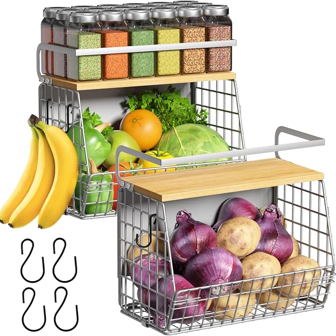 Magnetic Shelf for Fridge with Wood Lid, Fruit Potato and Onion Storage Bins, Pantry Organizers & Storage, Large Container Magnetic Spice Rack for Refrigerator, Kitchen Counter (Silver-gray, 2)