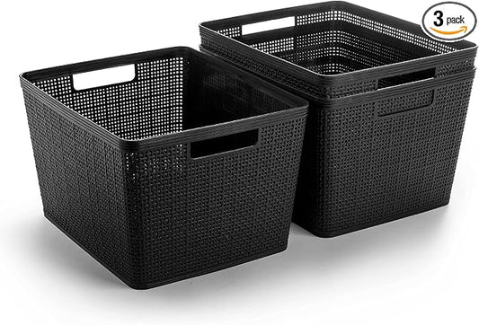 BINO | Woven Plastic Basket | Large (Black), 3-Pack | THE JUTE COLLECTION | Home Organization, Space - Saving Storage, Stylish Design | Jute Basket | Plastic Storage Basket