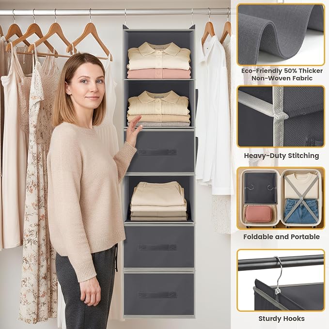 Hanging Closet Organizer 6-Shelf with 3 Drawers & Side Pockets, Closet Organizers and Storage for Dorm, Nursery & Wardrobe Organization, Hanging Shelf Clothes Organizer for Sweaters, Shoes, Gray